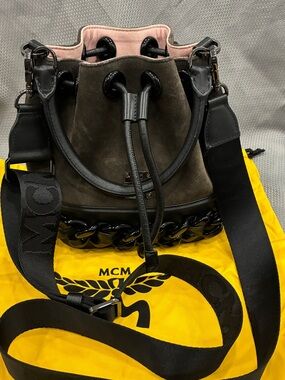 MCM Suede Drawstring Bucket Bag Black Chain Crossbody